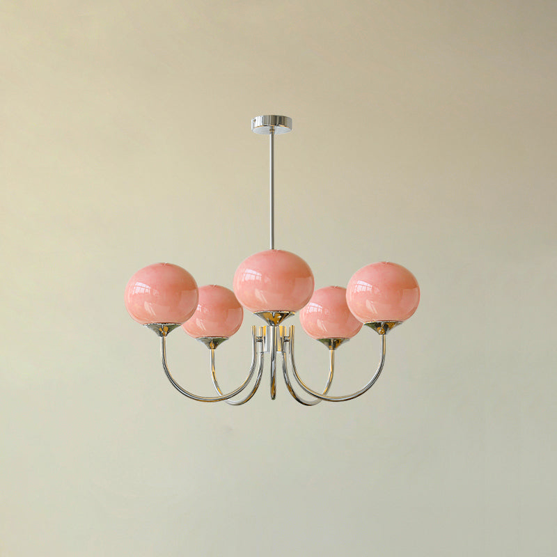 Five pink glass globes on chrome-tone arms with a straight suspension rod and round canopy