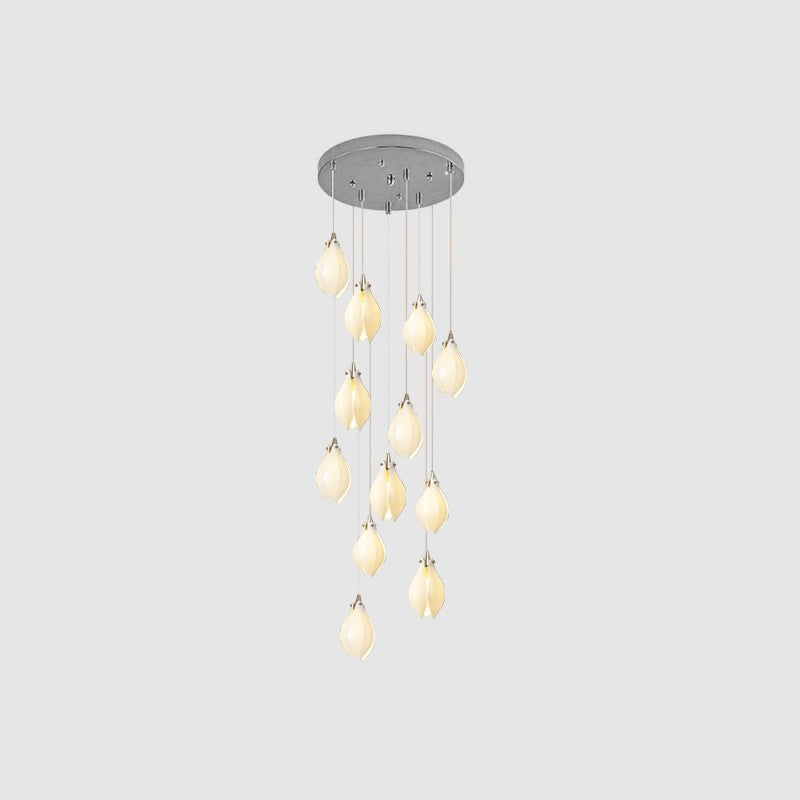 Twelve glowing white flower buds cascading from a round silver-tone canopy