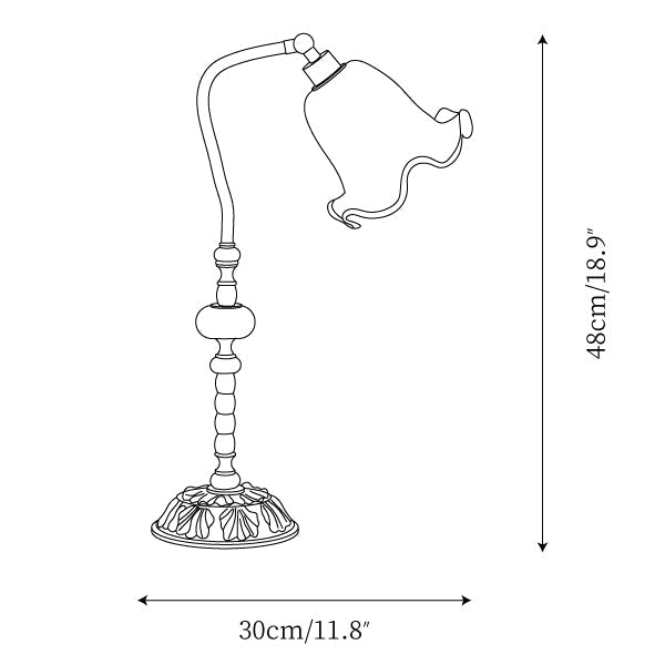 Nouveau table lamp outline drawing labelled 48 cm or 18.9 in high and 30 cm or 11.8 in wide