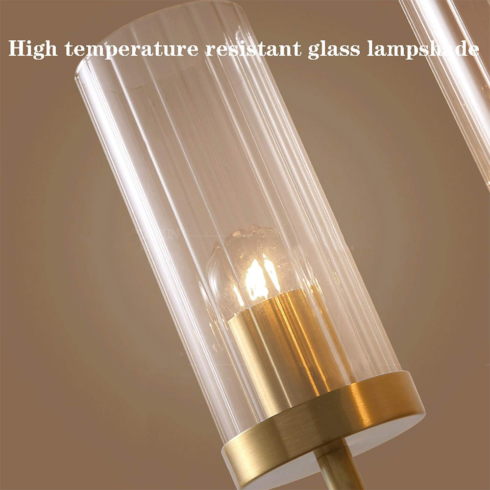 Close-up of ribbed clear sleeve and gold-tone holder with a caption describing a heat-resistant glass lampshade