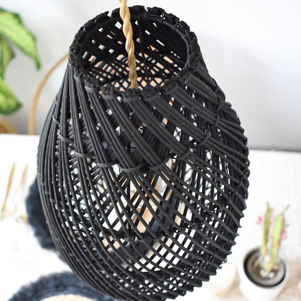 Classic Farmhouse Black Rattan Handwoven Pendant Light - Cueteks