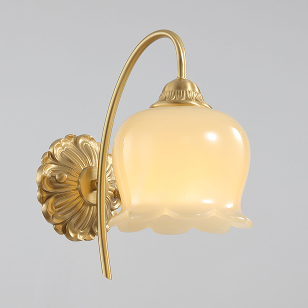 Style A lit scalloped glass bell with floral rosette wallplate and long arched gold-tone stem