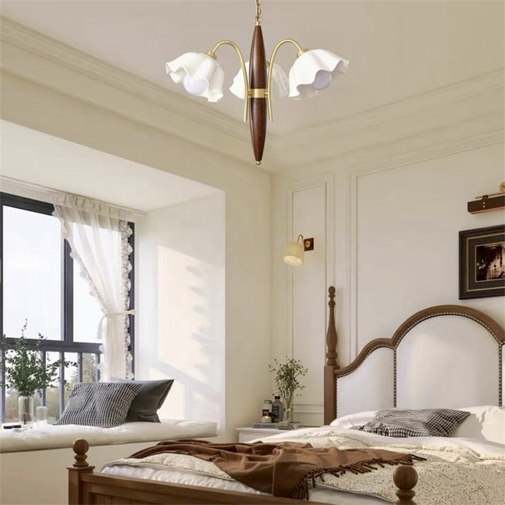 Vintage Ceramic Flower Shape Hanging Light Walnut Brass Chandelier - Cueteks