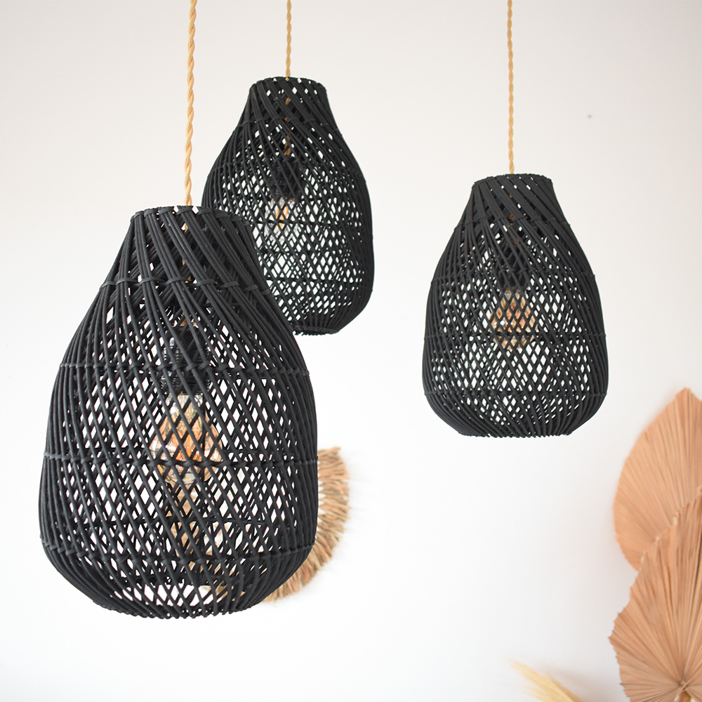 Classic Farmhouse Black Rattan Handwoven Pendant Light - Cueteks
