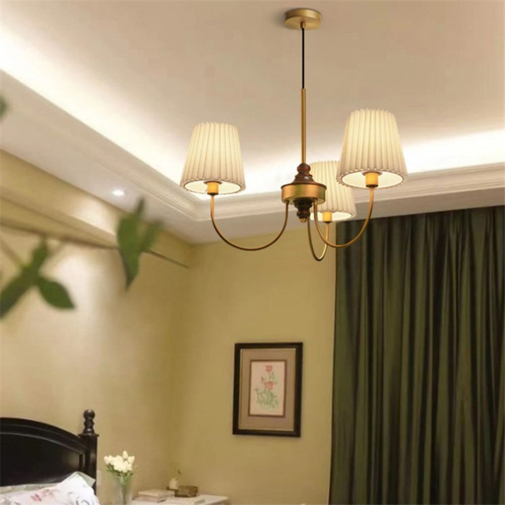 Vintage Pleated Pendant Lampshade Brass Dining Room Chandelier - Cueteks