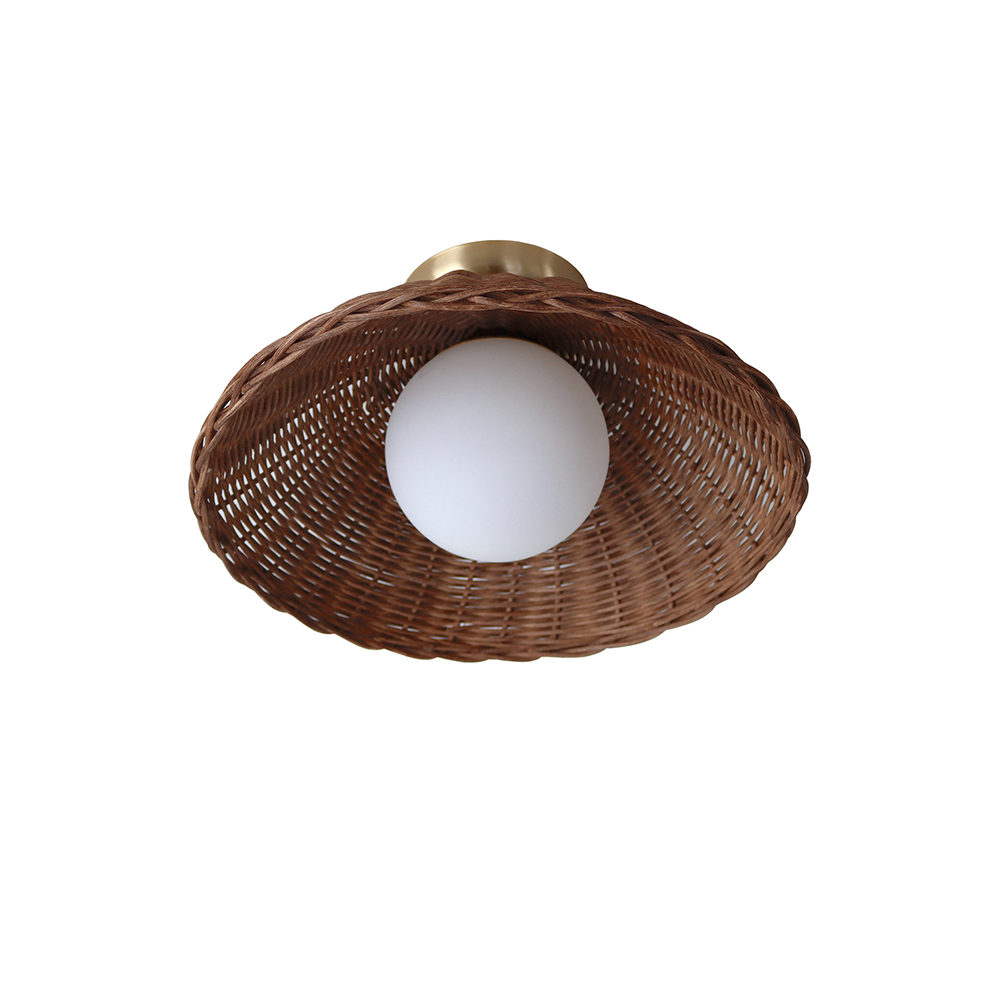 Isolated dark woven circular shade and central matte white globe against white background