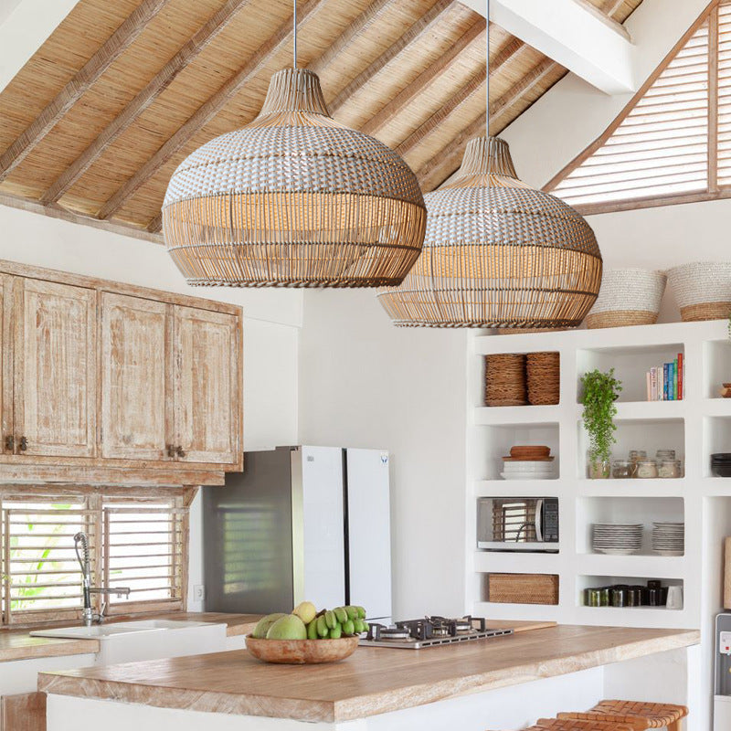 Rattan Kitchen Island Pendant Lighting Wicker Lamp Shade - Cueteks