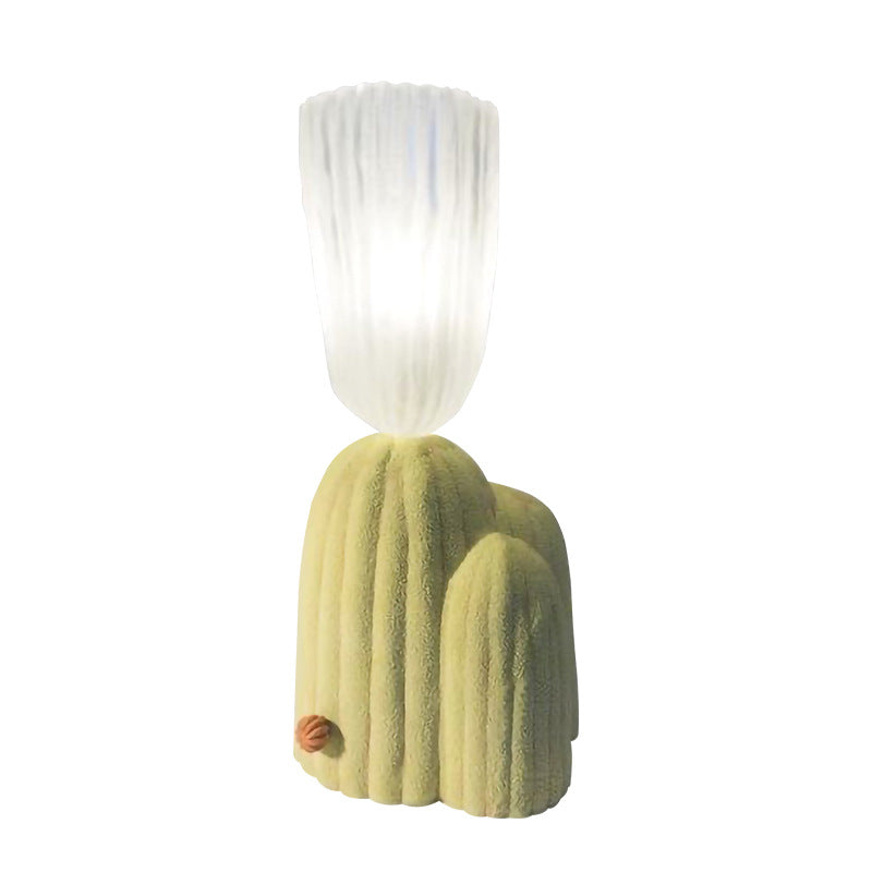 Full view of the green cactus lamp and white textured shade