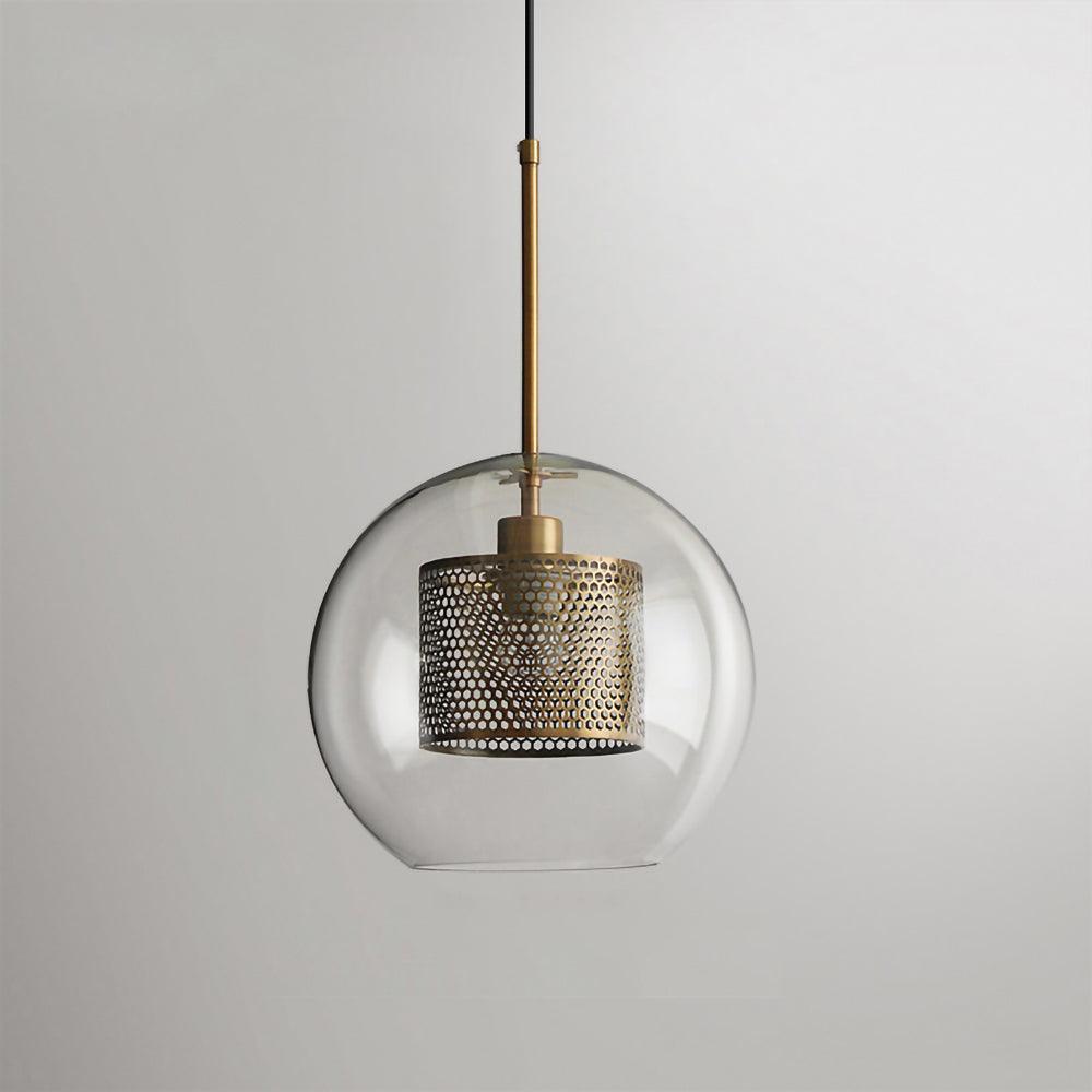 Chiswick Sphere pendant light with clear glass and copper-coloured metal detailing