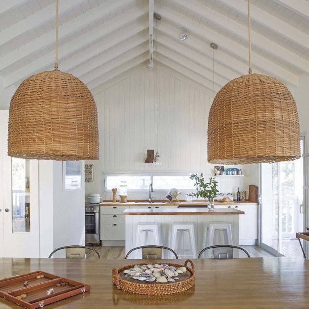 Round Short Bamboo Basket Kitchen Island Pendant Light - Cueteks