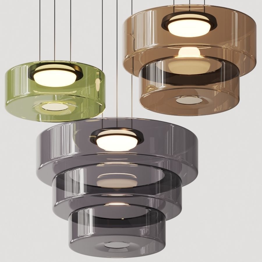 Close-up comparison of Green single-tier, Amber double-tier and Grey three-tier glass pendants