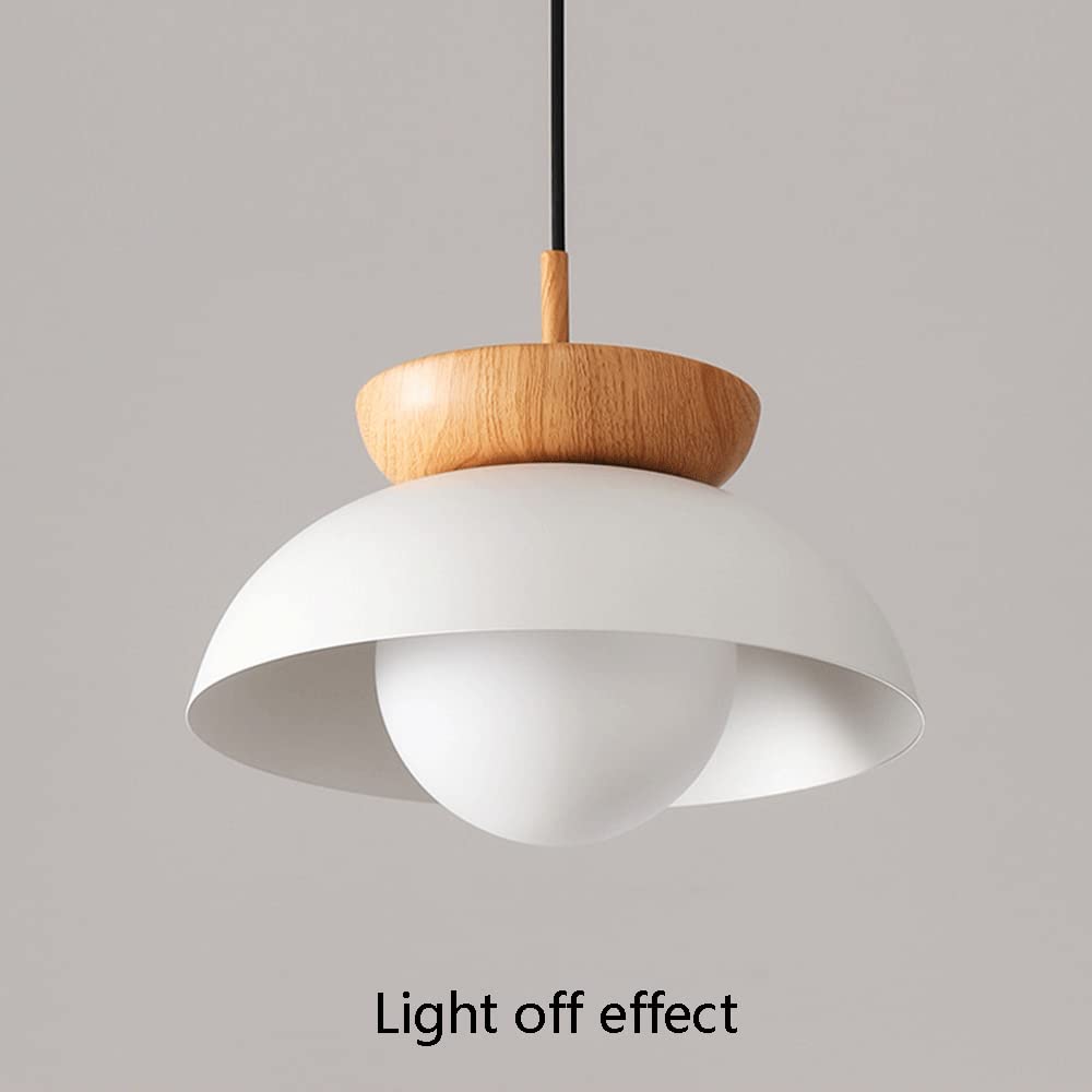 White dome pendant with a wood accent and round face below the shade, labelled Light off effect