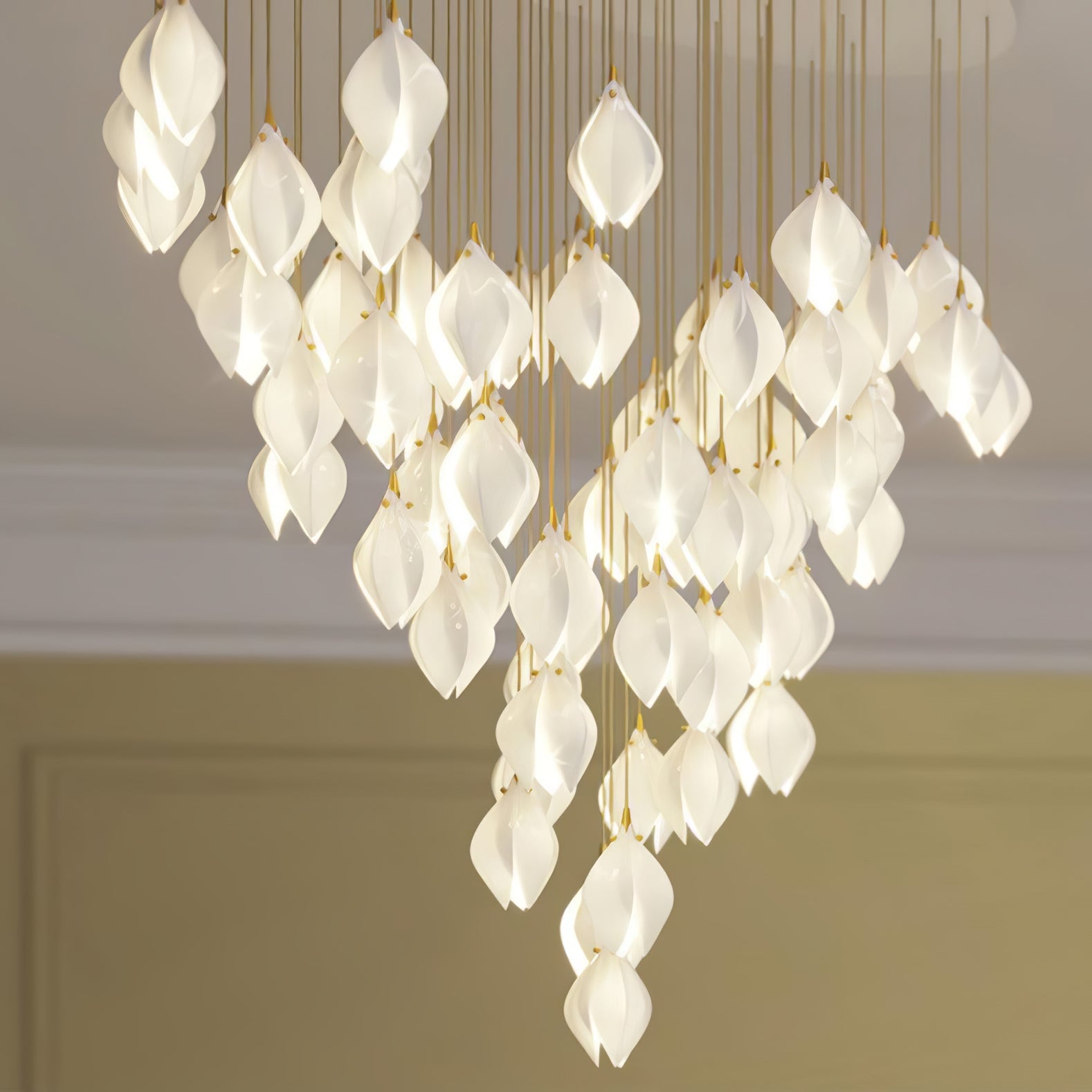 Close view of a large glowing petal cascade in a pale room