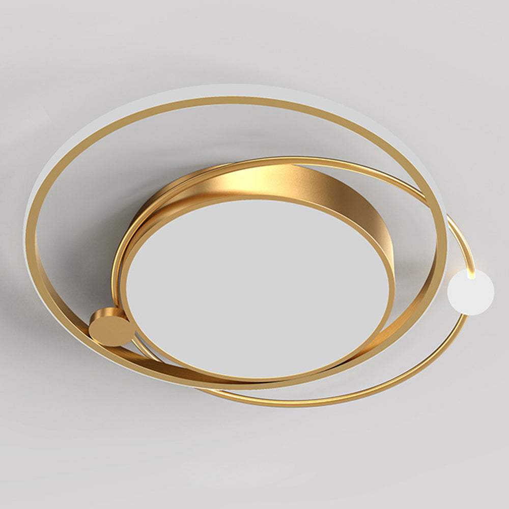Unlit gold-tone orbital ceiling fixture with white central diffuser, offset ring and small white sphere
