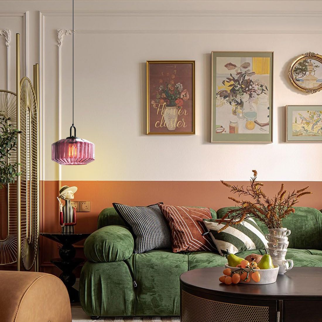 Purple pendant beside a green sofa