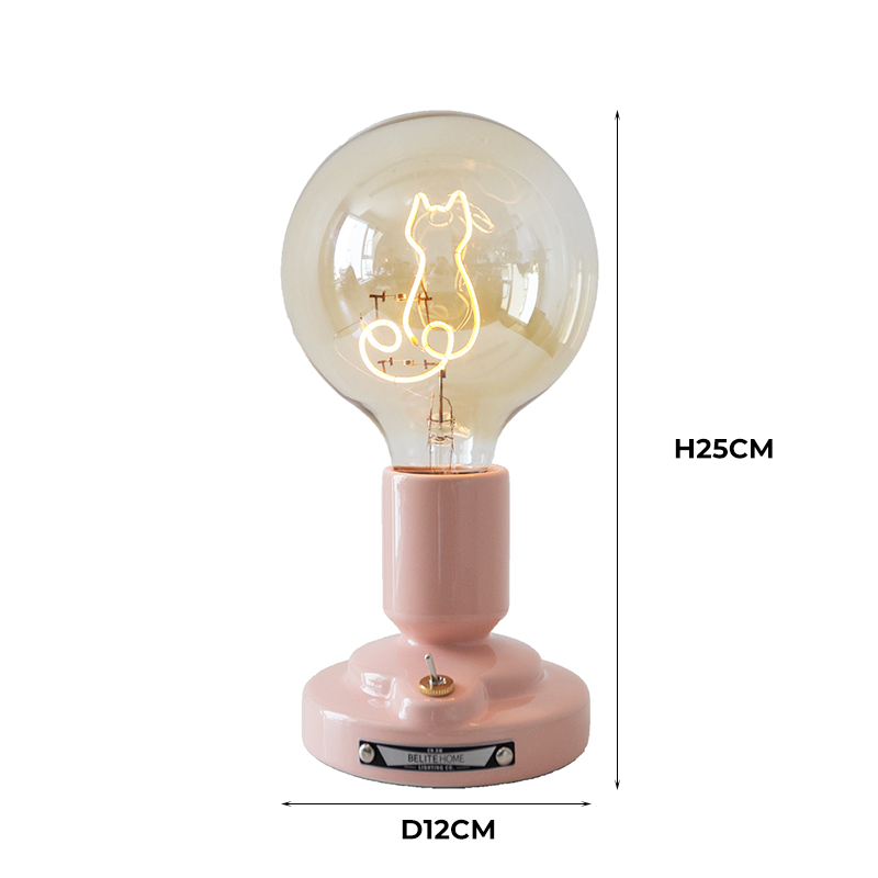 Pink Cat lamp size image labelled D12CM diameter and H25CM total height, with a glossy pink pedestal and small base lever