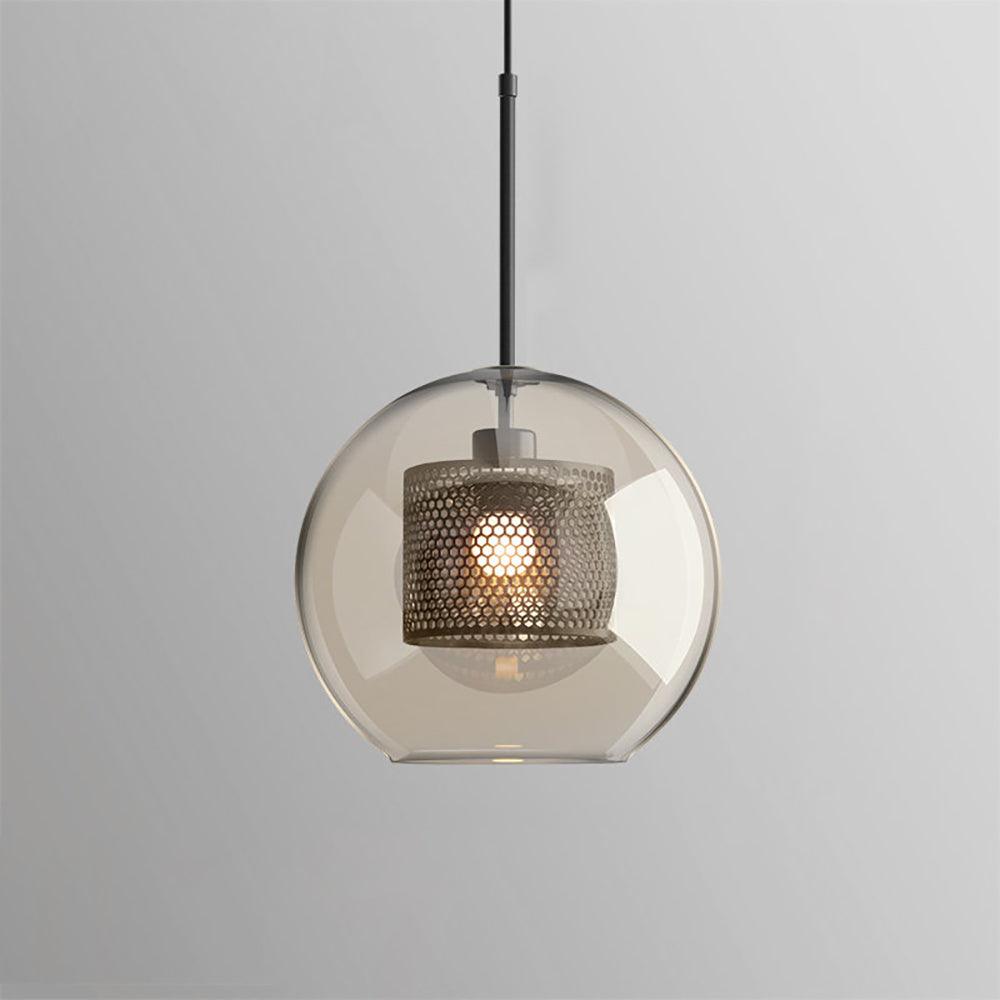 Chiswick Sphere pendant light with amber glass and a black perforated inner shade