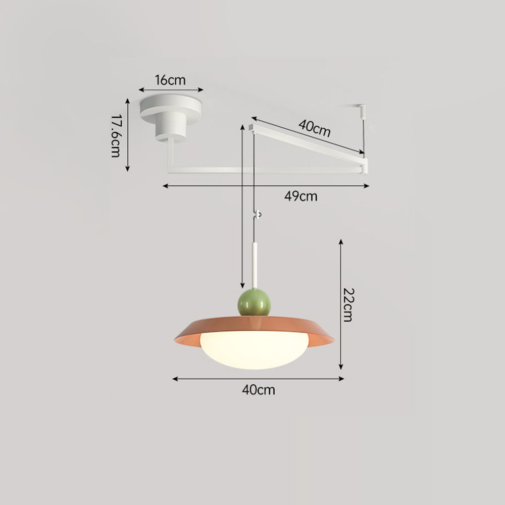 Morandi single-shade arm drawing: 49 cm span, 40 cm arm member and shade, 22 cm head, 16 cm canopy and 17.6 cm upper assembly
