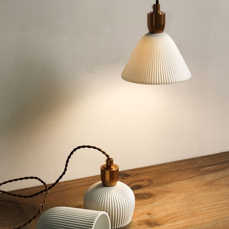 Retro Pleated Ceramic Brass Cocoon Pendant Lamp - Cueteks
