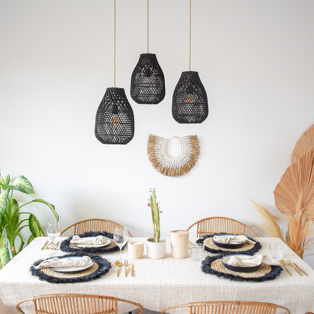 Classic Farmhouse Black Rattan Handwoven Pendant Light - Cueteks