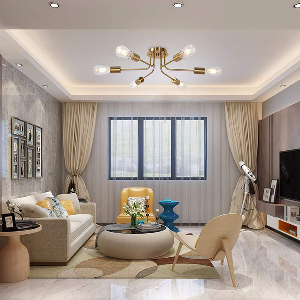 Modern 6-Light Gold Glass Semi Flush Chandelier - Cueteks