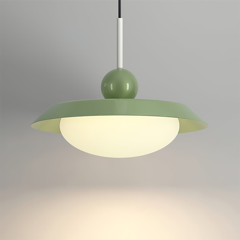 Close Morandi green sphere and single saucer shade with a glowing pale bowl and white stem