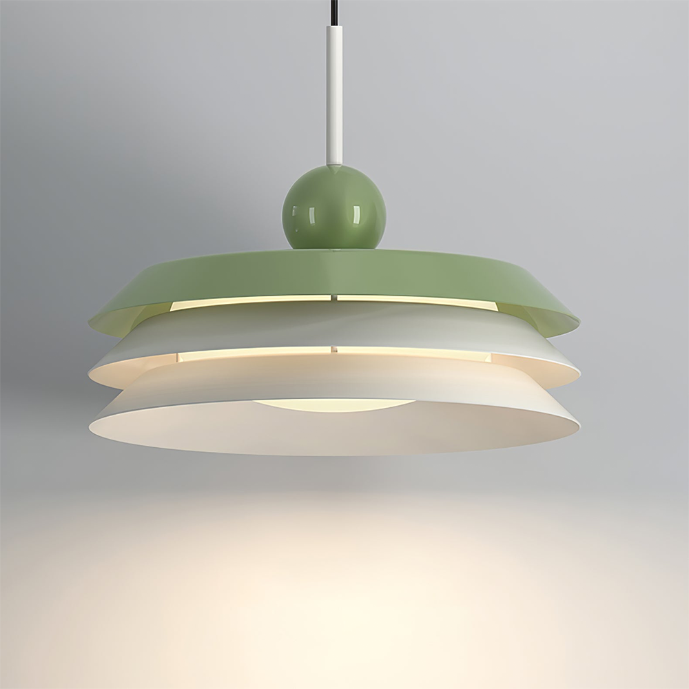 Close Morandi green top tier, pale lower tiers and green sphere with glowing gaps between shades