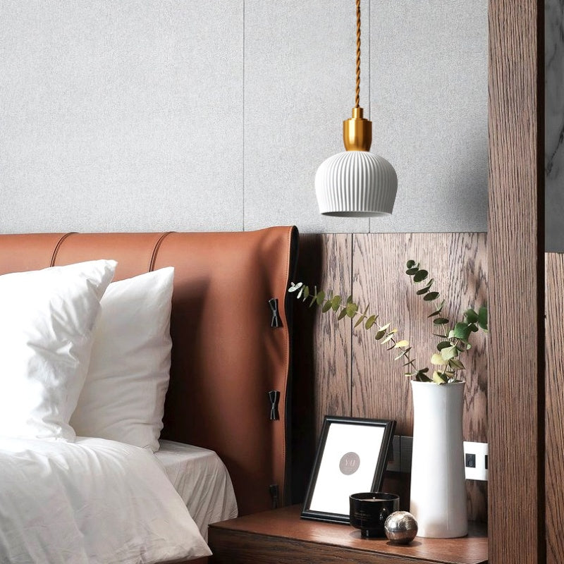 Retro Pleated Ceramic Brass Cocoon Pendant Lamp - Cueteks