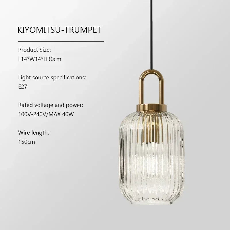Slender clear pendant diagram labelled 14 × 14 × 30 cm, E27, MAX 40 W and 150 cm wire