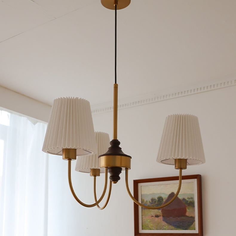 Vintage Pleated Pendant Lampshade Brass Dining Room Chandelier - Cueteks