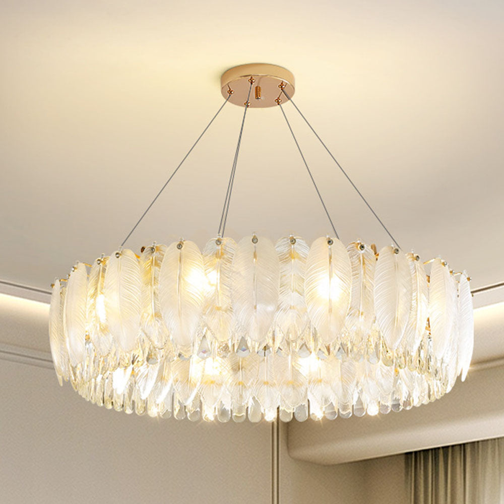 Feather Shape Crystal Glass Round Chandelier - Cueteks