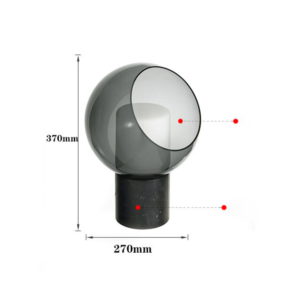 Glass and marble table lamp diagram labelled 370 mm high and 270 mm wide, with an angled opening and cylindrical base