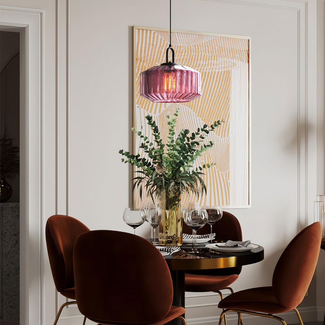 Purple glass pendant in a dining area