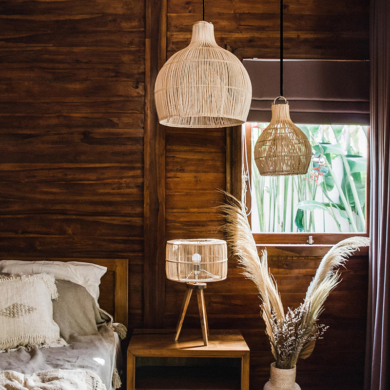 Boho Wicker Lamp Shades Handwoven Kitchen Island Pendant Light - Cueteks