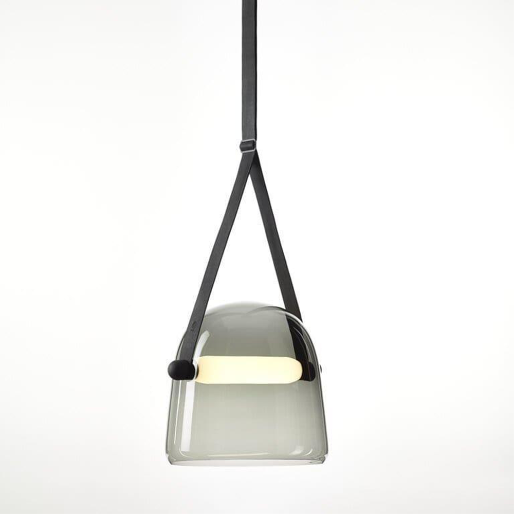 Grey smoked glass pendant with black strap, round side attachment and illuminated horizontal bar
