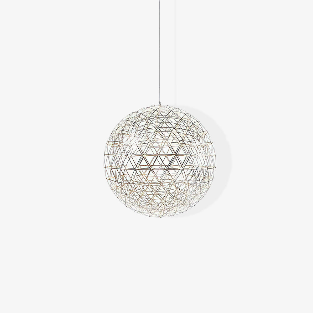 Unlit silver lattice sphere hanging on a single cord against white