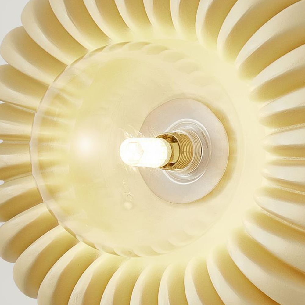 Detail of transparent Clear centre dish, lit capsule bulb, threaded gold-tone collar and beige ribs