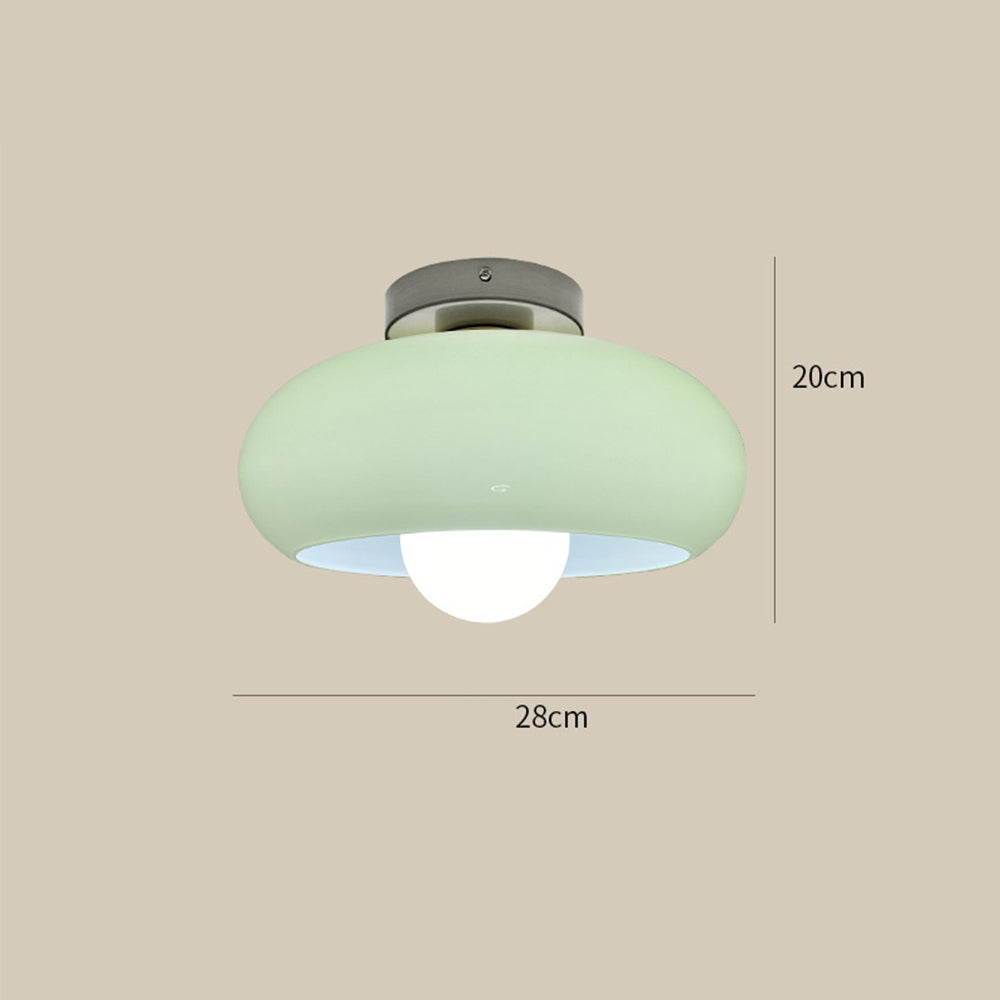 Chrome and green glass ceiling light with 28 cm and 20 cm dimension marks