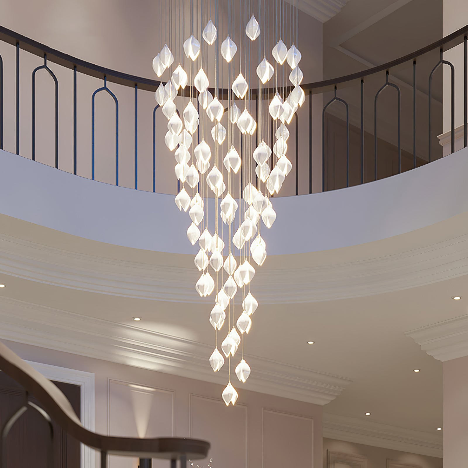Long glowing flower-bud cascade through a curved staircase with dark upper rail