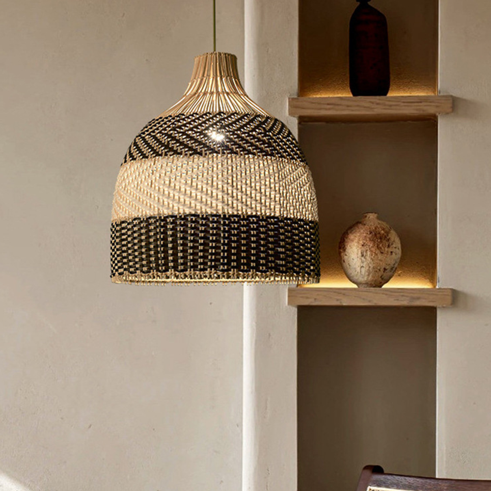 Vintage Rattan Handwoven White and Black Pendant Light - Cueteks