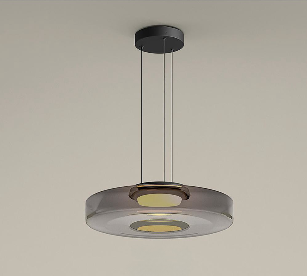 Grey single-tier shallow glass drum pendant suspended from a black round ceiling canopy