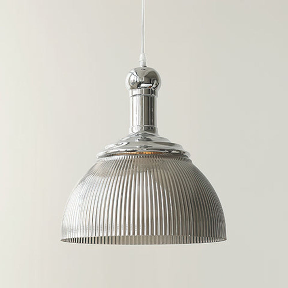 Vintage Glass Ribbed Chrome Pendant Light - Cueteks