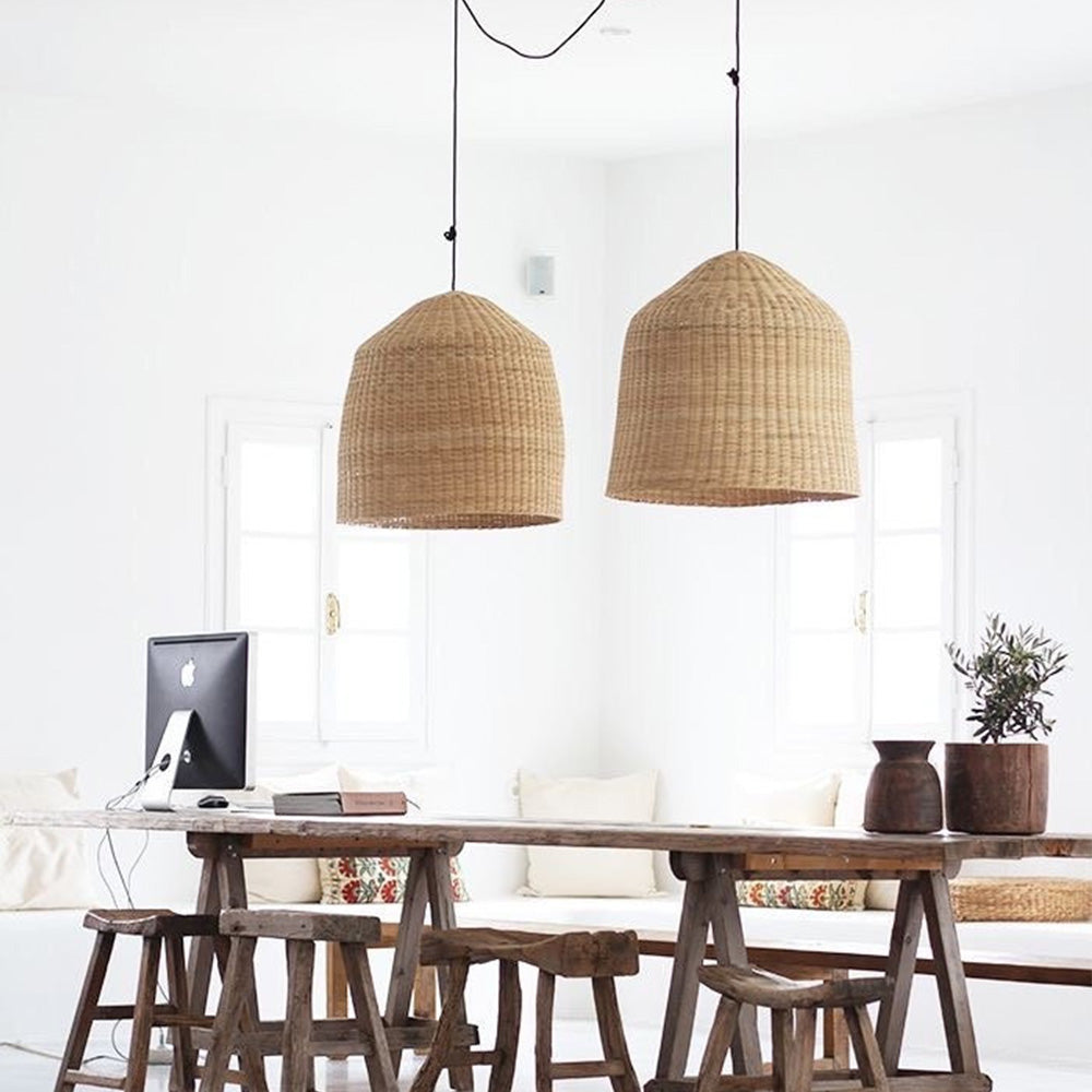 Round Short Bamboo Basket Kitchen Island Pendant Light - Cueteks