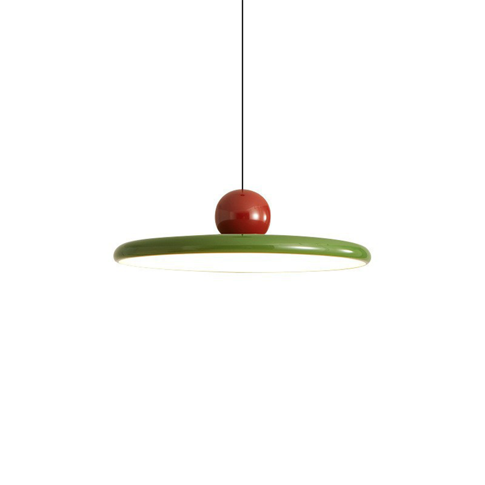Lola green disc pendant with red sphere on a single cord