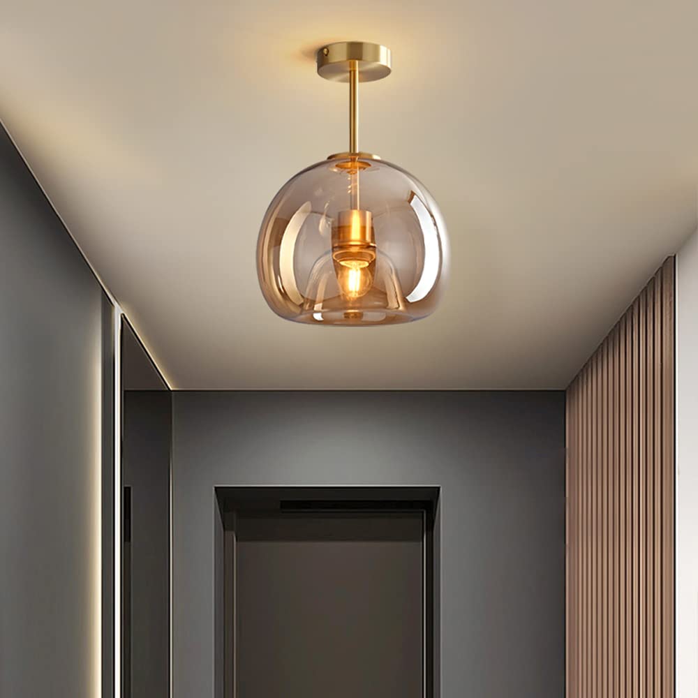 Retro Copper Glass Semi Flush Mount Ceiling Light - Cueteks