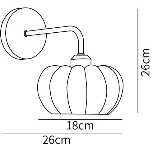 Pumpkin wall light drawing with 18 cm shade width, 26 cm vertical span and 26 cm horizontal span