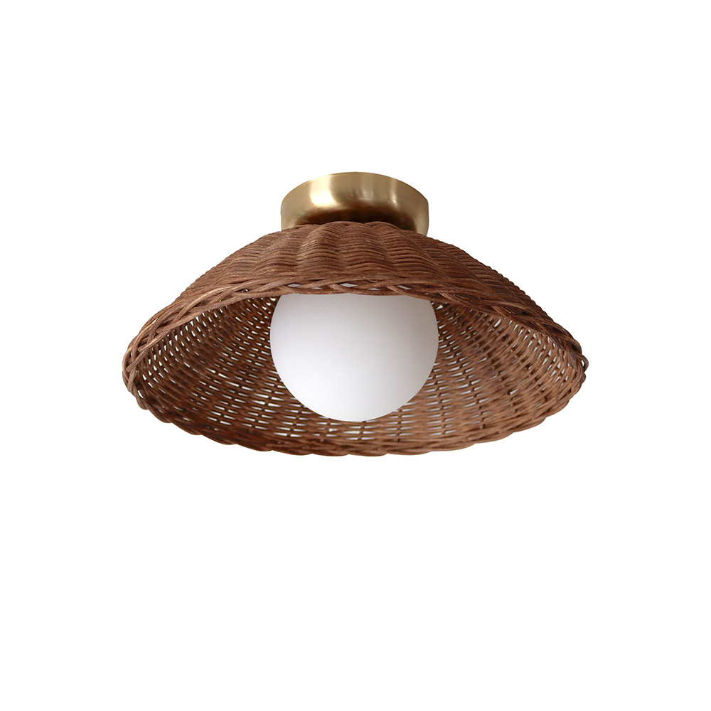 Coffee finish option showing dark woven shade around a white globe in an oblique view