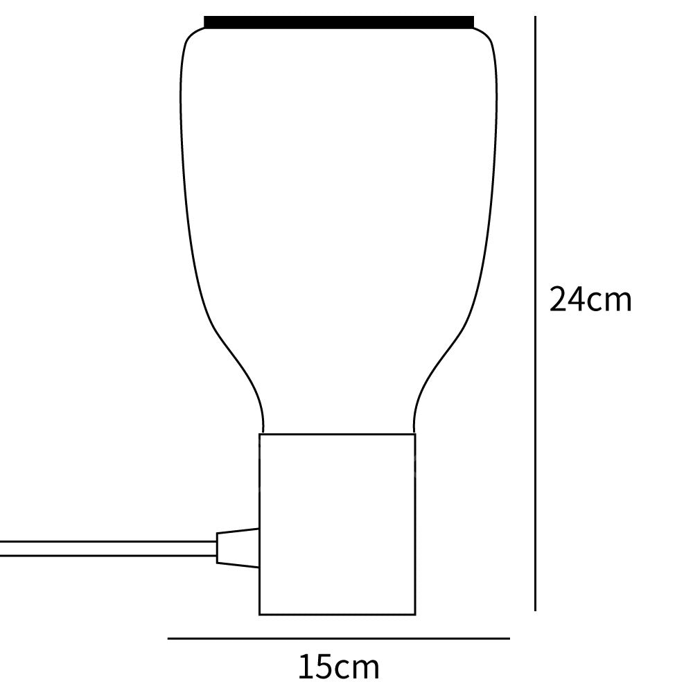 Bottle-shaped table lamp line drawing labelled 15 cm across and 24 cm high, with a cable extending left