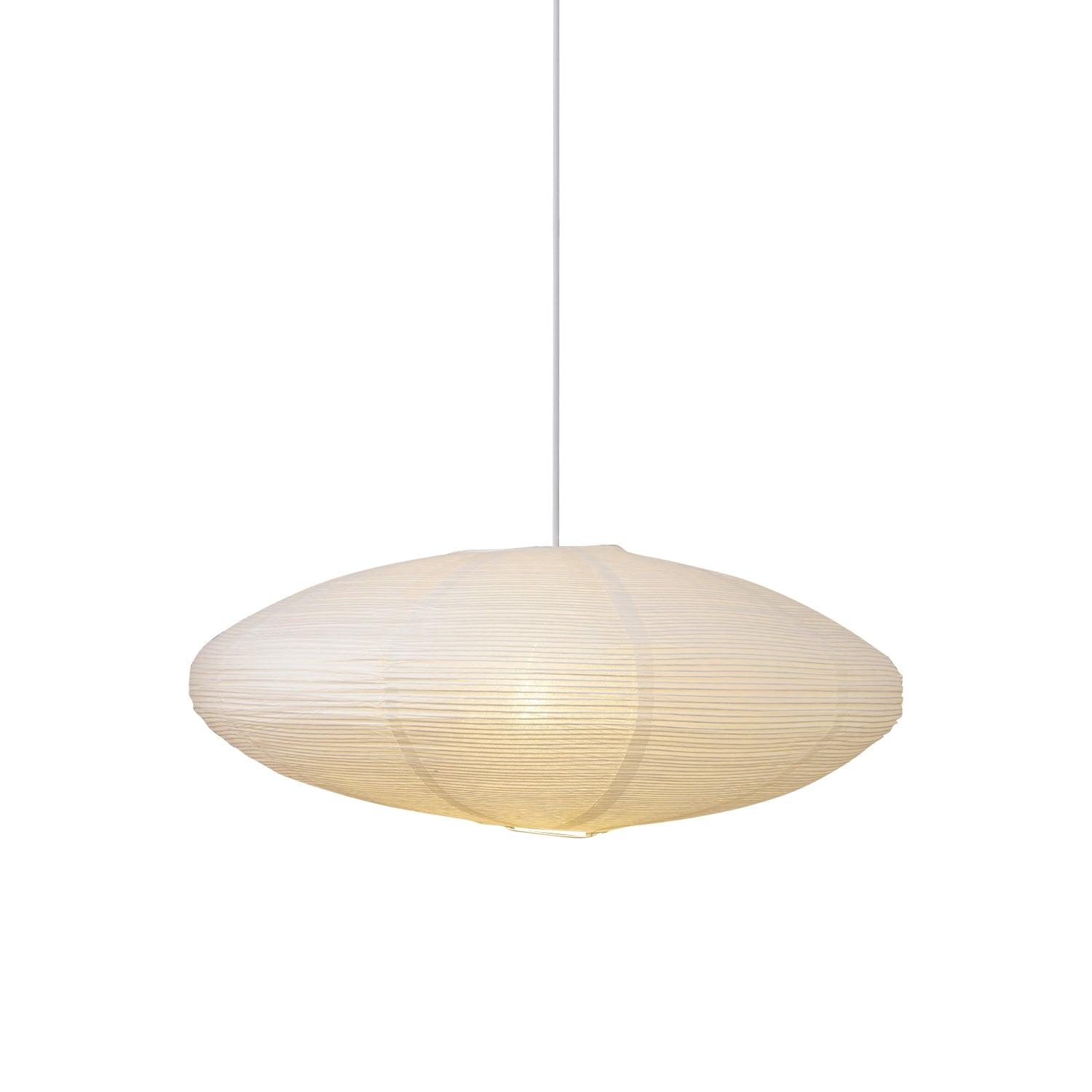 White 15A flattened paper shade glowing on a white background with a white hanging cord