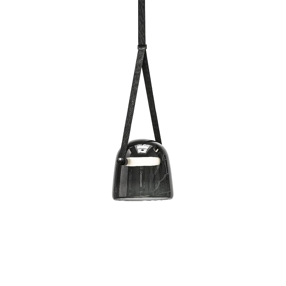 Isolated dark smoked glass pendant with black textured split strap and white light bar on a white background